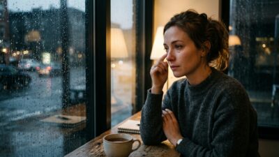 Женщина у окна в дождливый день вытирает слезу